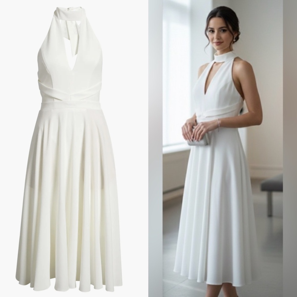 NEW BLACK HALO Caelith HALTER White Crepe POCKET Cocktail FLARE Midi DRESS US 8